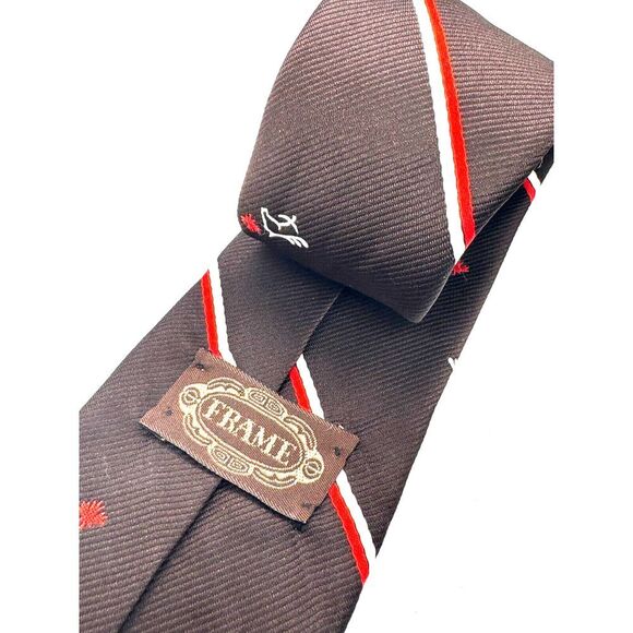 FRAME Mens Necktie Red and White Striped Brown Tie Horse and Star Pattern - Picture 3 of 3